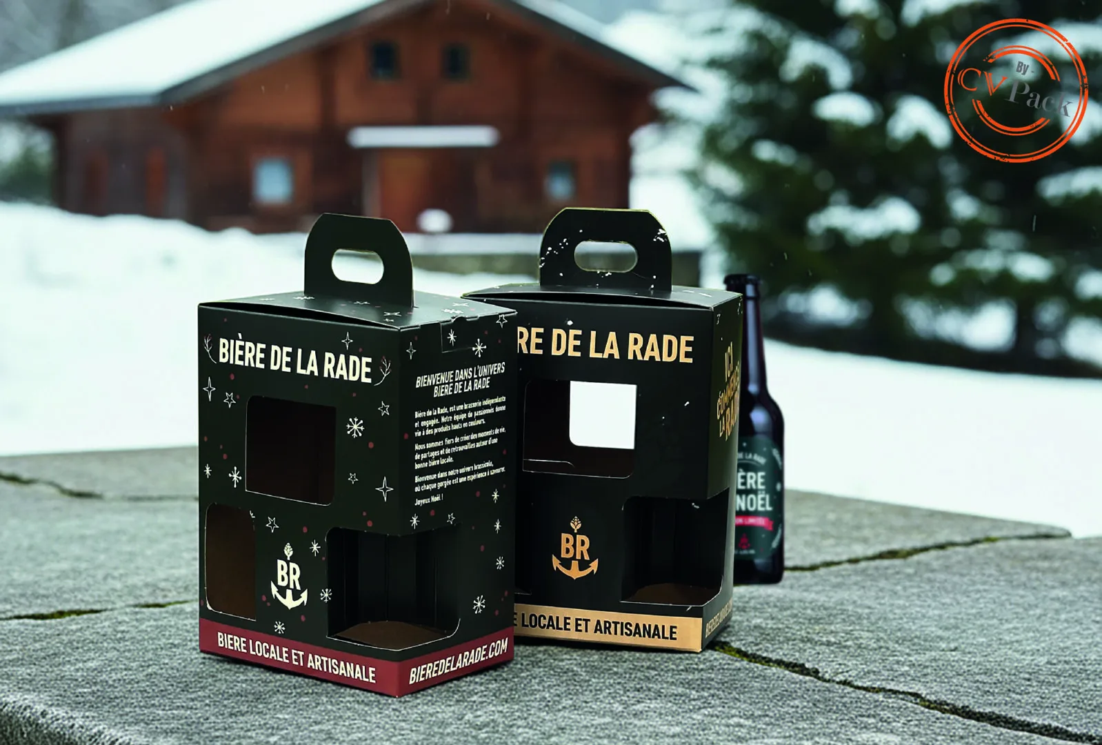Deux coffrets en carton pour des bières artisanales avec la marque Bière de la rade.
